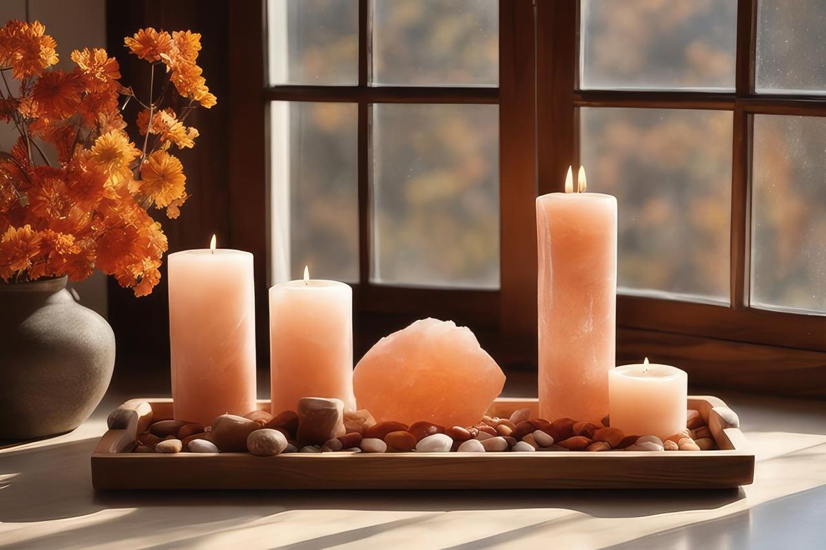 A beautiful scented candle burning in a cozy room.