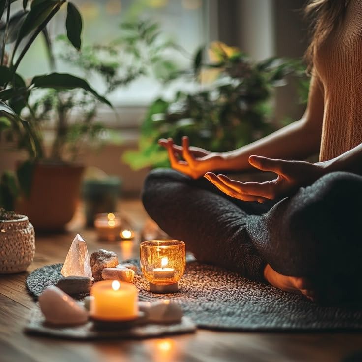 A person meditating with a candle in the foreground.