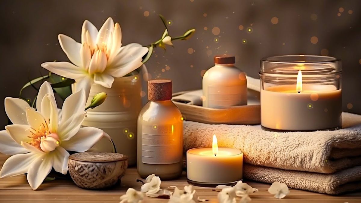 A relaxing bath scene with a lit candle.